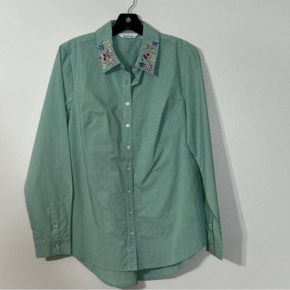 Lemon Way Green Stripe Button Down Blouse - Picture 2 of 6